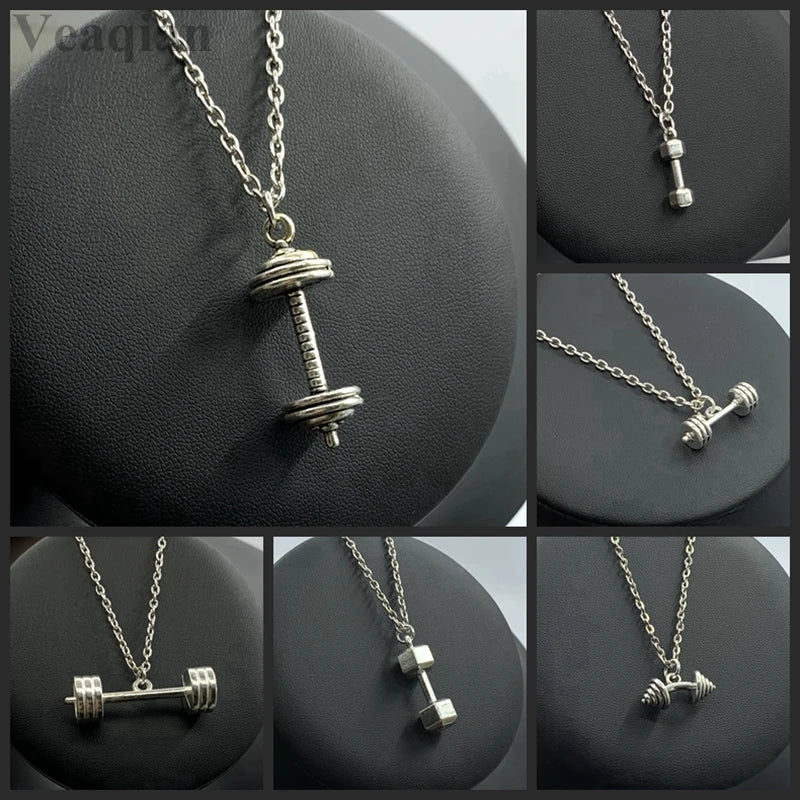 1 piece fitness muscle man weightlifting necklace gym barbell dumbbell kettlebell pendant necklace.