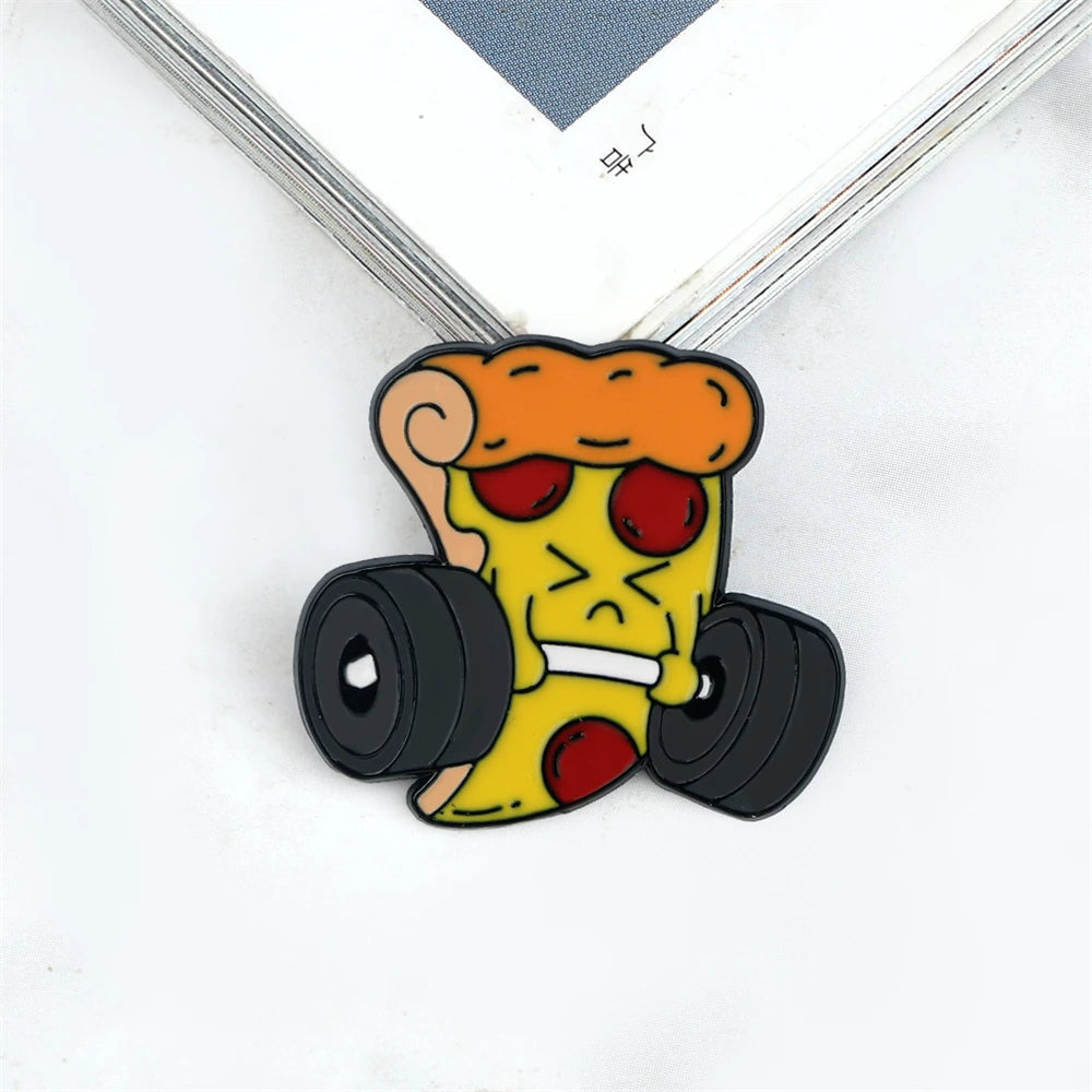 Cartoon Fitness Food Pins Cute Pizza Ice Cream Hamburg Doughnut Lifting Dumbbell Enamel Brooch Bag Lapel Badge Jewelry Wholesale