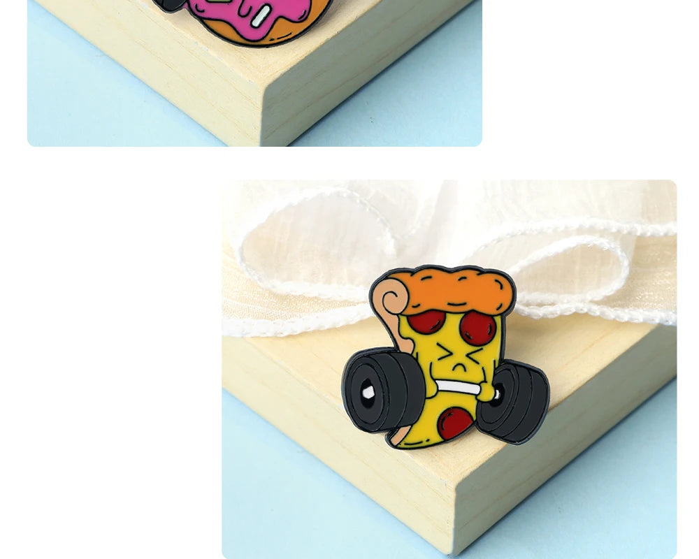 Cartoon Fitness Food Pins Cute Pizza Ice Cream Hamburg Doughnut Lifting Dumbbell Enamel Brooch Bag Lapel Badge Jewelry Wholesale
