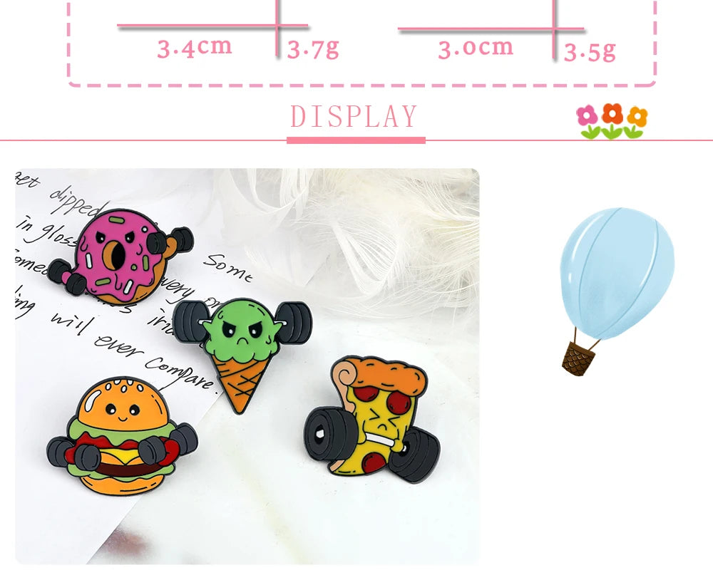 Cartoon Fitness Food Pins Cute Pizza Ice Cream Hamburg Doughnut Lifting Dumbbell Enamel Brooch Bag Lapel Badge Jewelry Wholesale