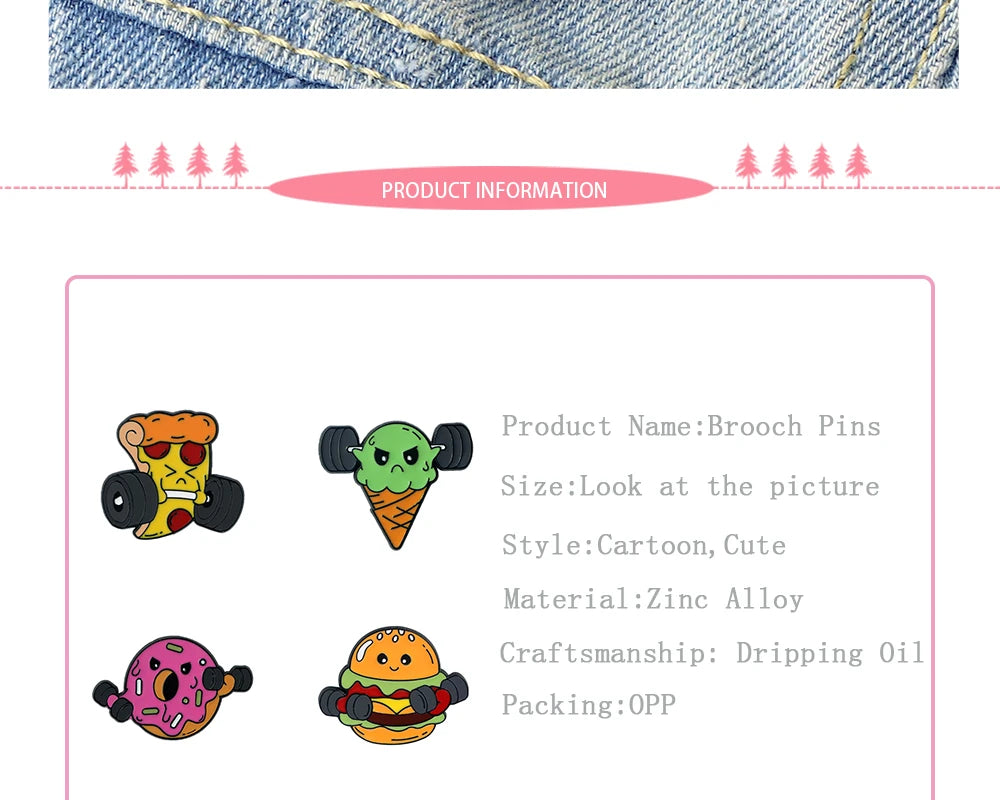 Cartoon Fitness Food Pins Cute Pizza Ice Cream Hamburg Doughnut Lifting Dumbbell Enamel Brooch Bag Lapel Badge Jewelry Wholesale