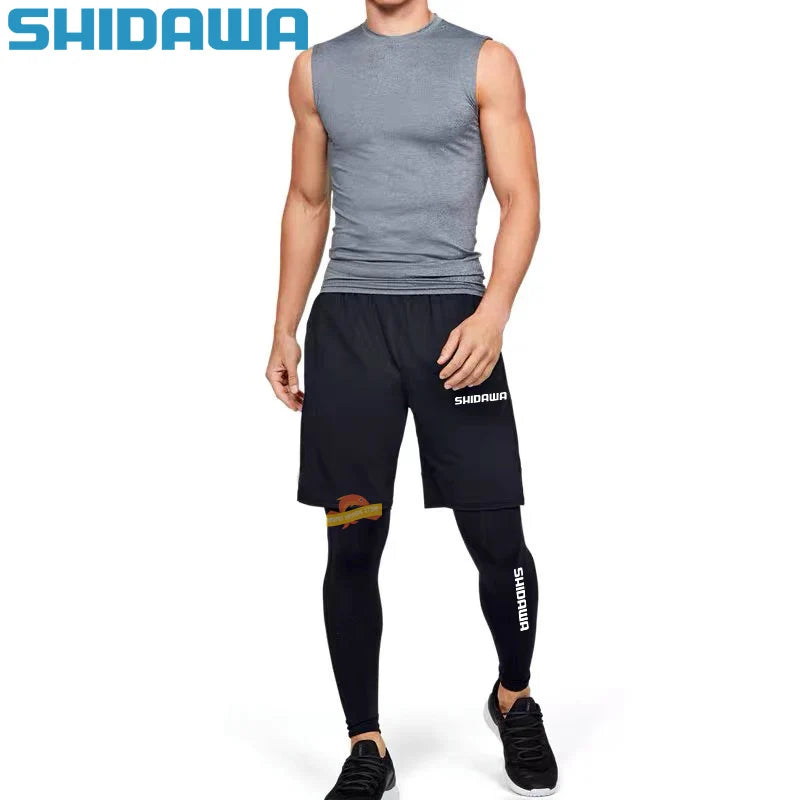 New Men Quick Drying Breathable Fake Two Piece Fishing Pants Running Training Fitness Pants Outdoor Elastic Hiking Cycling Pants
