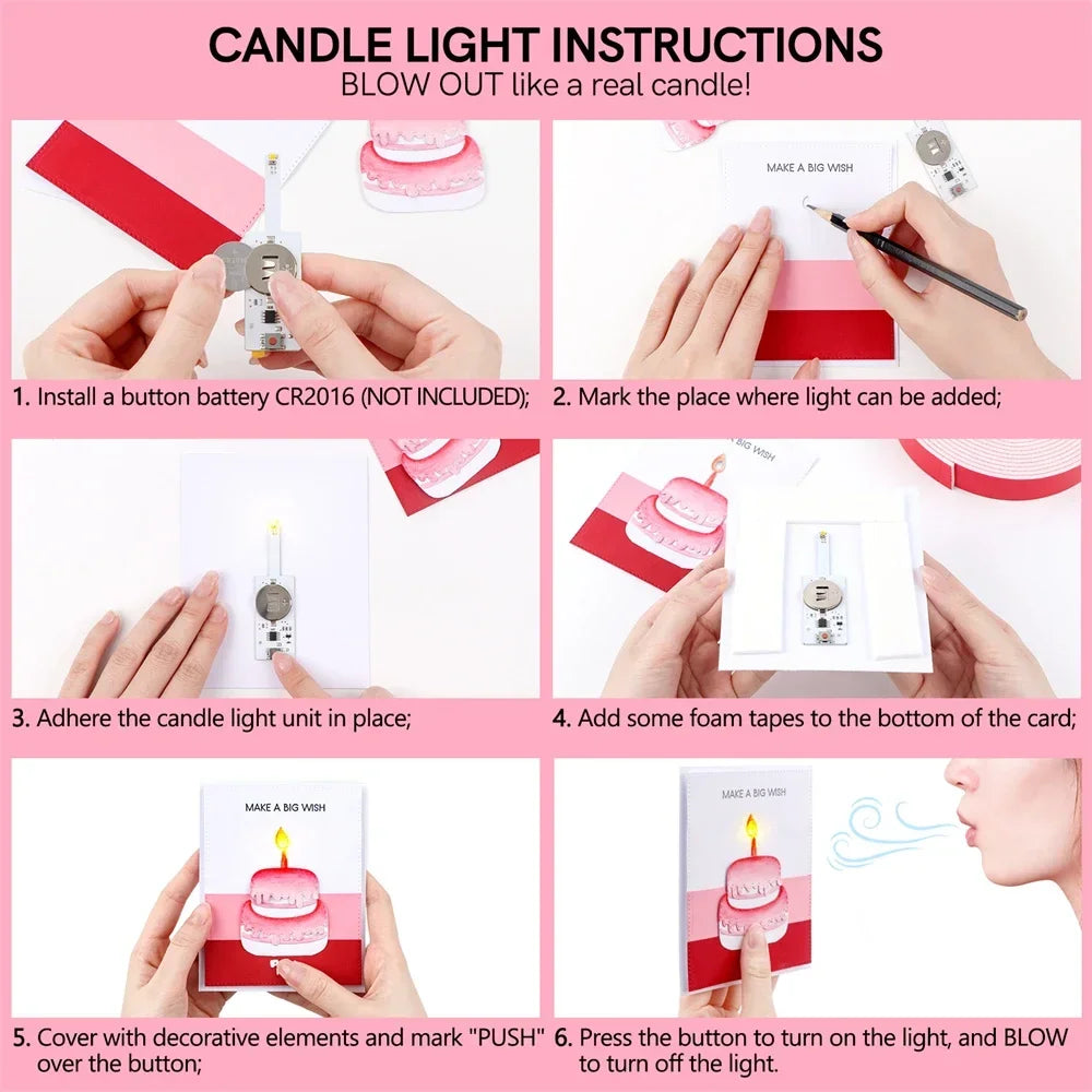 3-6Pcs/set Creative Blow-Out LED Candle Light for Light-Up Birthday Card Perfect for Scrapbook layouts and POP-up Projects Light
