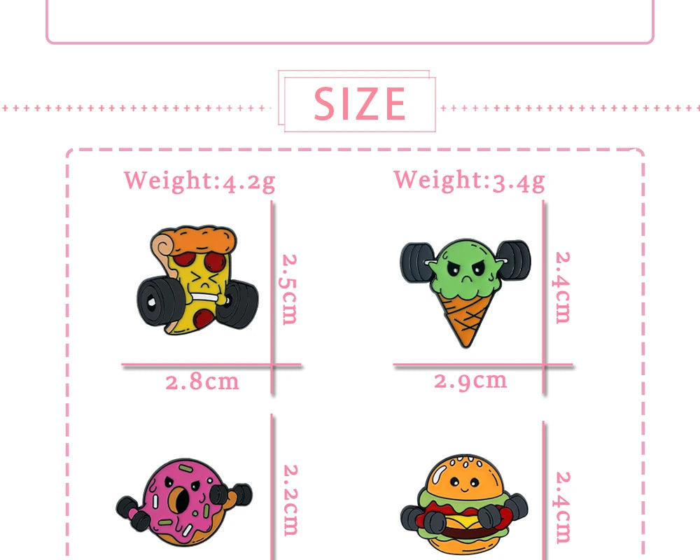Cartoon Fitness Food Pins Cute Pizza Ice Cream Hamburg Doughnut Lifting Dumbbell Enamel Brooch Bag Lapel Badge Jewelry Wholesale