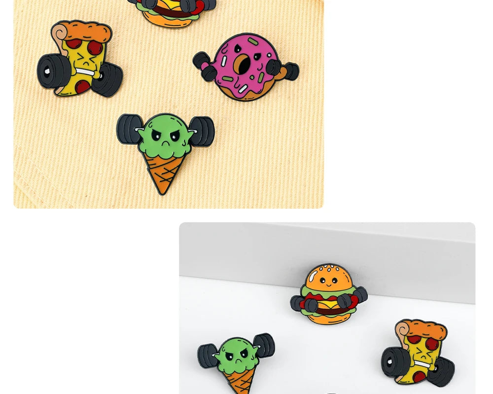 Cartoon Fitness Food Pins Cute Pizza Ice Cream Hamburg Doughnut Lifting Dumbbell Enamel Brooch Bag Lapel Badge Jewelry Wholesale