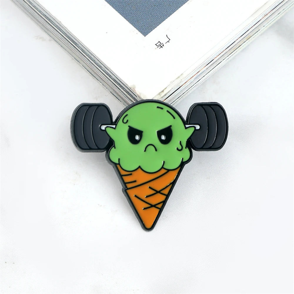 Cartoon Fitness Food Pins Cute Pizza Ice Cream Hamburg Doughnut Lifting Dumbbell Enamel Brooch Bag Lapel Badge Jewelry Wholesale