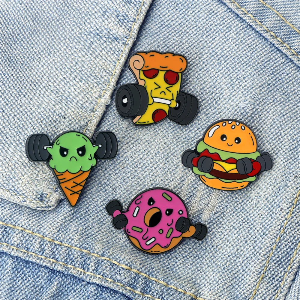 Cartoon Fitness Food Pins Cute Pizza Ice Cream Hamburg Doughnut Lifting Dumbbell Enamel Brooch Bag Lapel Badge Jewelry Wholesale