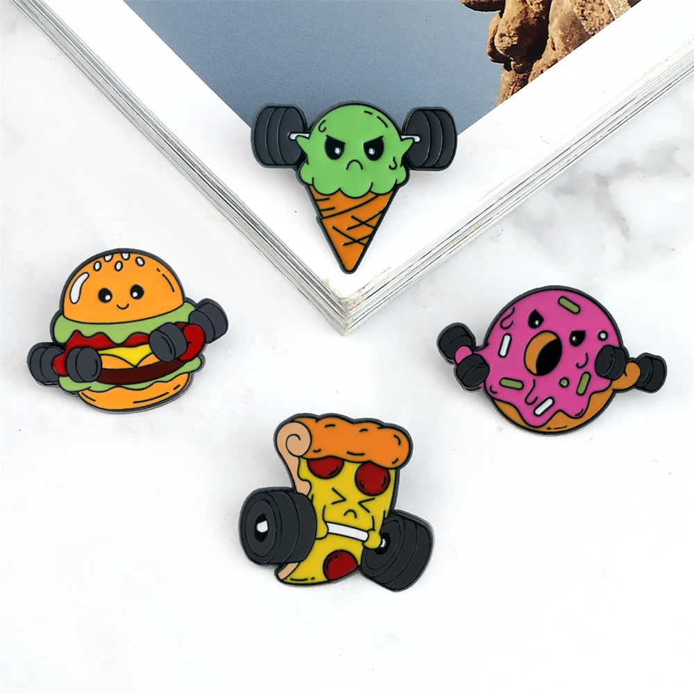 Cartoon Fitness Food Pins Cute Pizza Ice Cream Hamburg Doughnut Lifting Dumbbell Enamel Brooch Bag Lapel Badge Jewelry Wholesale
