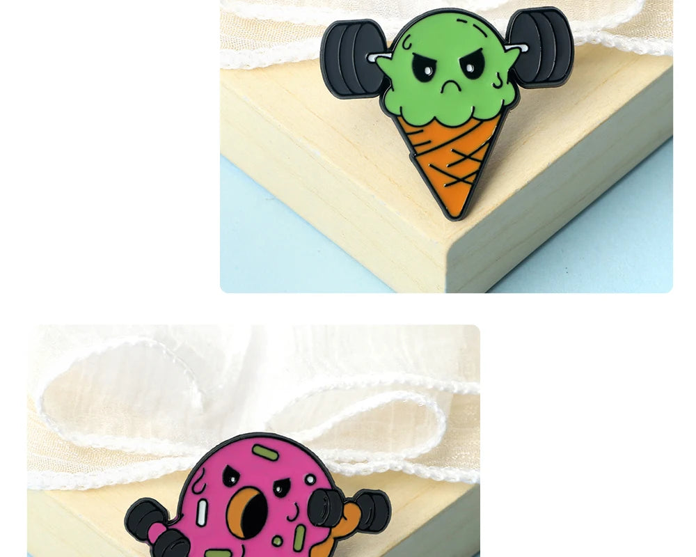 Cartoon Fitness Food Pins Cute Pizza Ice Cream Hamburg Doughnut Lifting Dumbbell Enamel Brooch Bag Lapel Badge Jewelry Wholesale