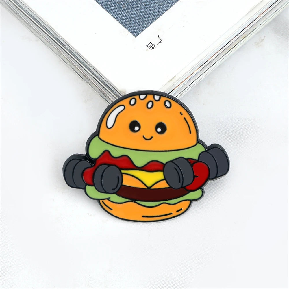 Cartoon Fitness Food Pins Cute Pizza Ice Cream Hamburg Doughnut Lifting Dumbbell Enamel Brooch Bag Lapel Badge Jewelry Wholesale