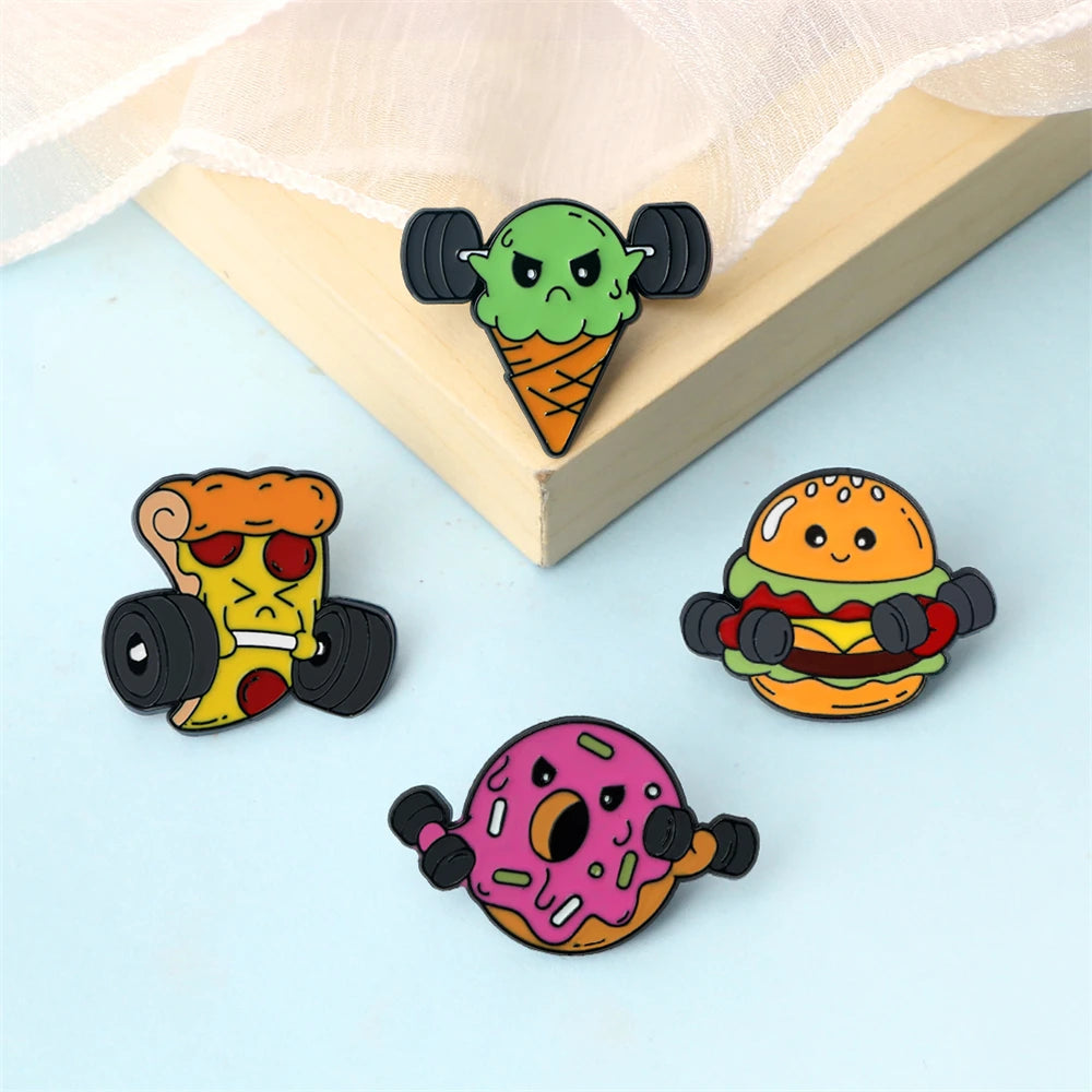 Cartoon Fitness Food Pins Cute Pizza Ice Cream Hamburg Doughnut Lifting Dumbbell Enamel Brooch Bag Lapel Badge Jewelry Wholesale