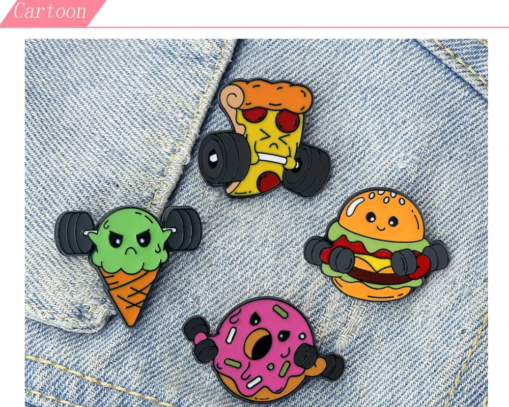 Cartoon Fitness Food Pins Cute Pizza Ice Cream Hamburg Doughnut Lifting Dumbbell Enamel Brooch Bag Lapel Badge Jewelry Wholesale