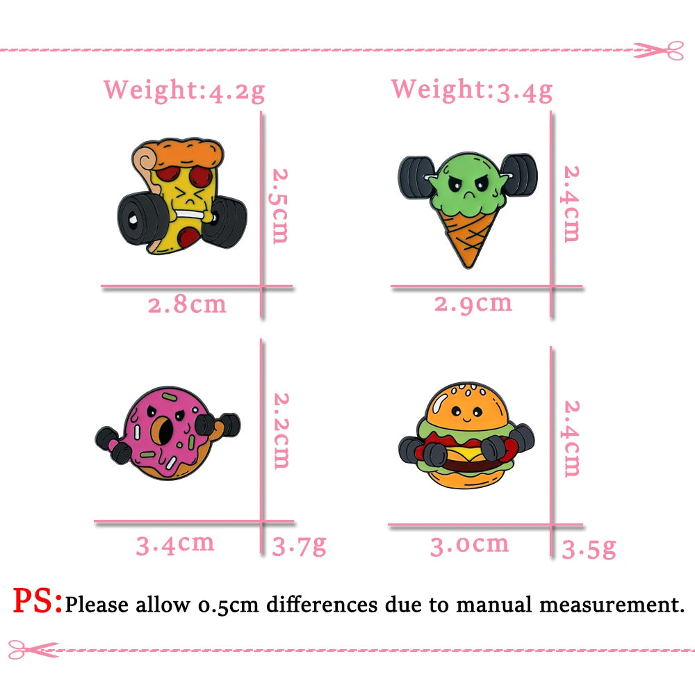 Cartoon Fitness Food Pins Cute Pizza Ice Cream Hamburg Doughnut Lifting Dumbbell Enamel Brooch Bag Lapel Badge Jewelry Wholesale