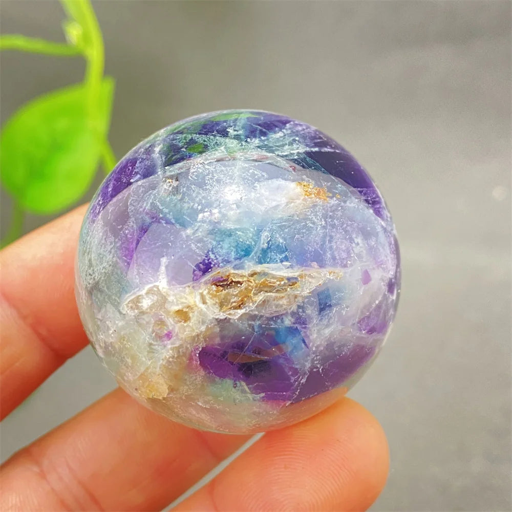 Natural Colorful Feather Fluorite Crystal Ball Hand Polished Yoga Meditation Fitness Ball Home Decoration+Base