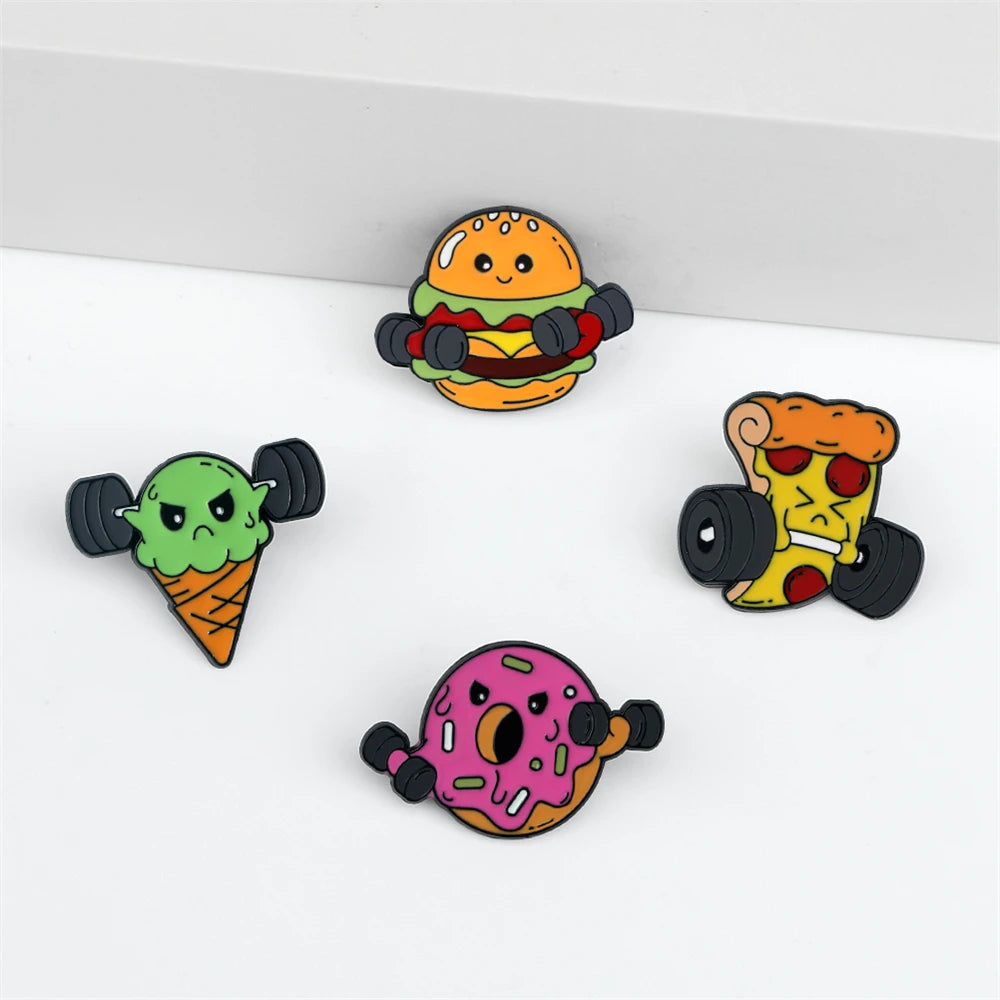 Cartoon Fitness Food Pins Cute Pizza Ice Cream Hamburg Doughnut Lifting Dumbbell Enamel Brooch Bag Lapel Badge Jewelry Wholesale