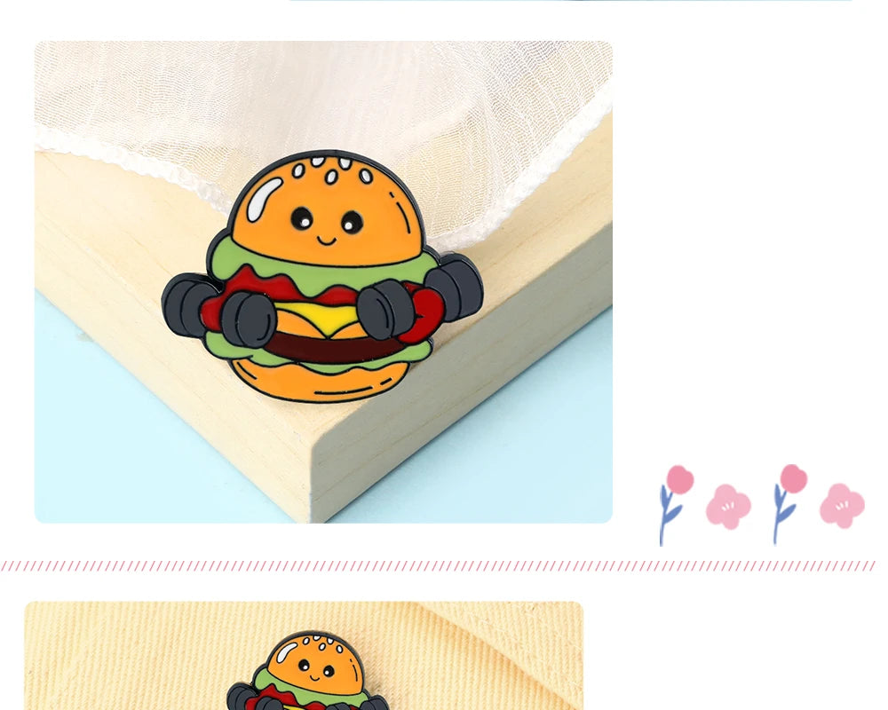 Cartoon Fitness Food Pins Cute Pizza Ice Cream Hamburg Doughnut Lifting Dumbbell Enamel Brooch Bag Lapel Badge Jewelry Wholesale