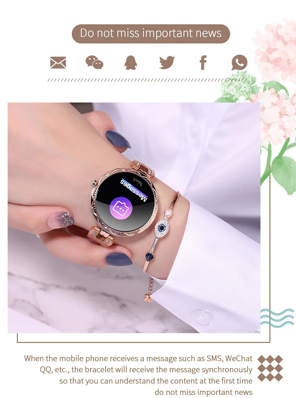 Fashion Ladies Smart Watch Luxury Women Bluetooth Wristband Waterproof Blood Pressure Fitness Tracker Bracelet Crystal Watch