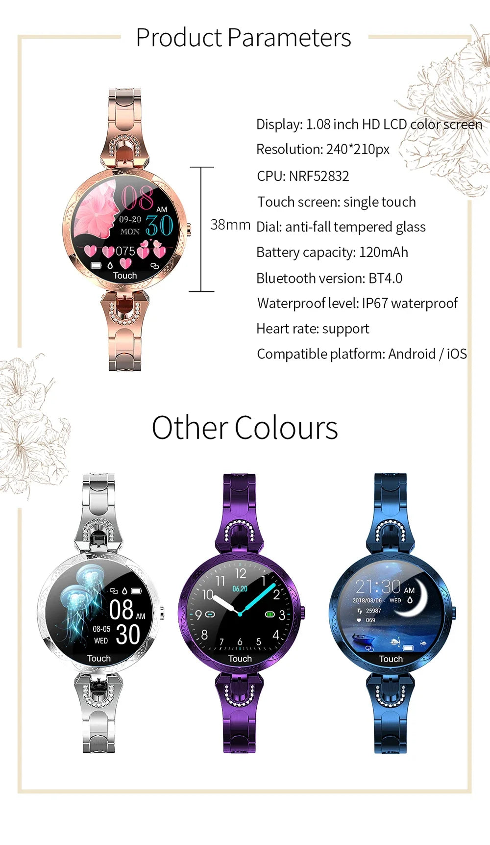 Fashion Ladies Smart Watch Luxury Women Bluetooth Wristband Waterproof Blood Pressure Fitness Tracker Bracelet Crystal Watch