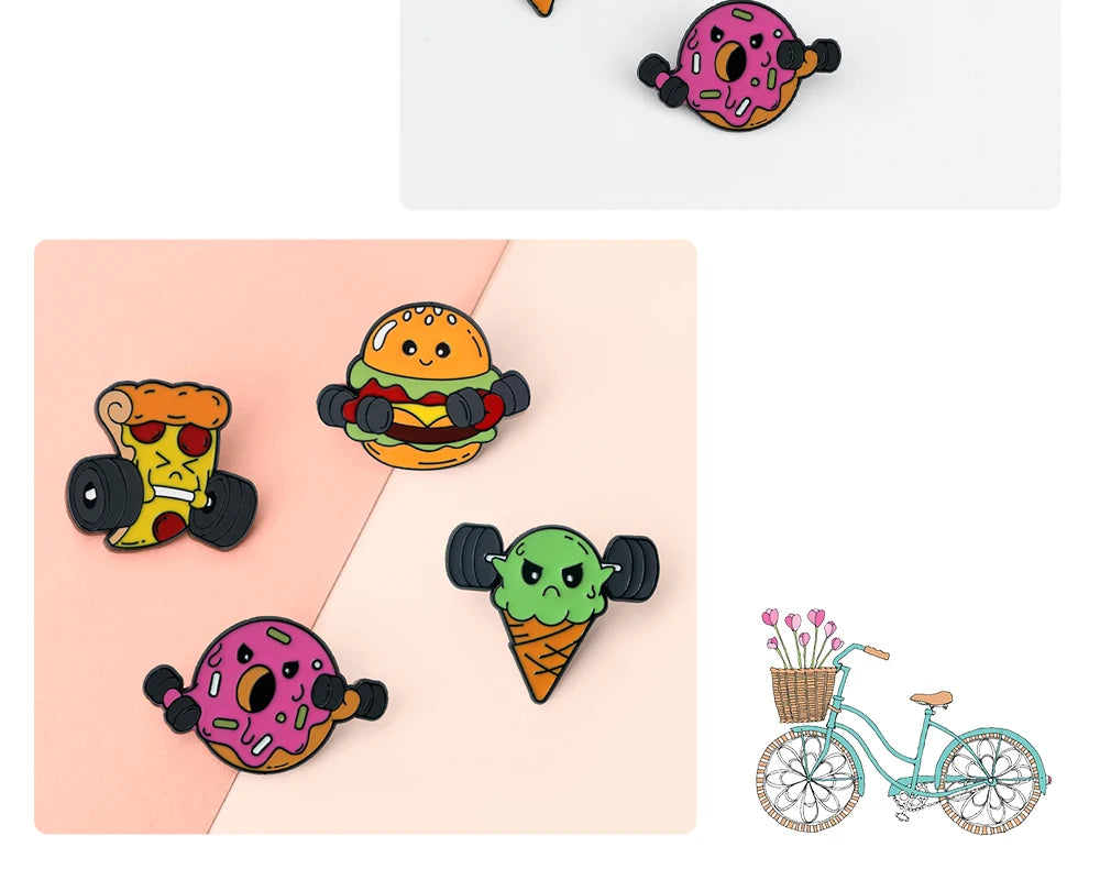 Cartoon Fitness Food Pins Cute Pizza Ice Cream Hamburg Doughnut Lifting Dumbbell Enamel Brooch Bag Lapel Badge Jewelry Wholesale