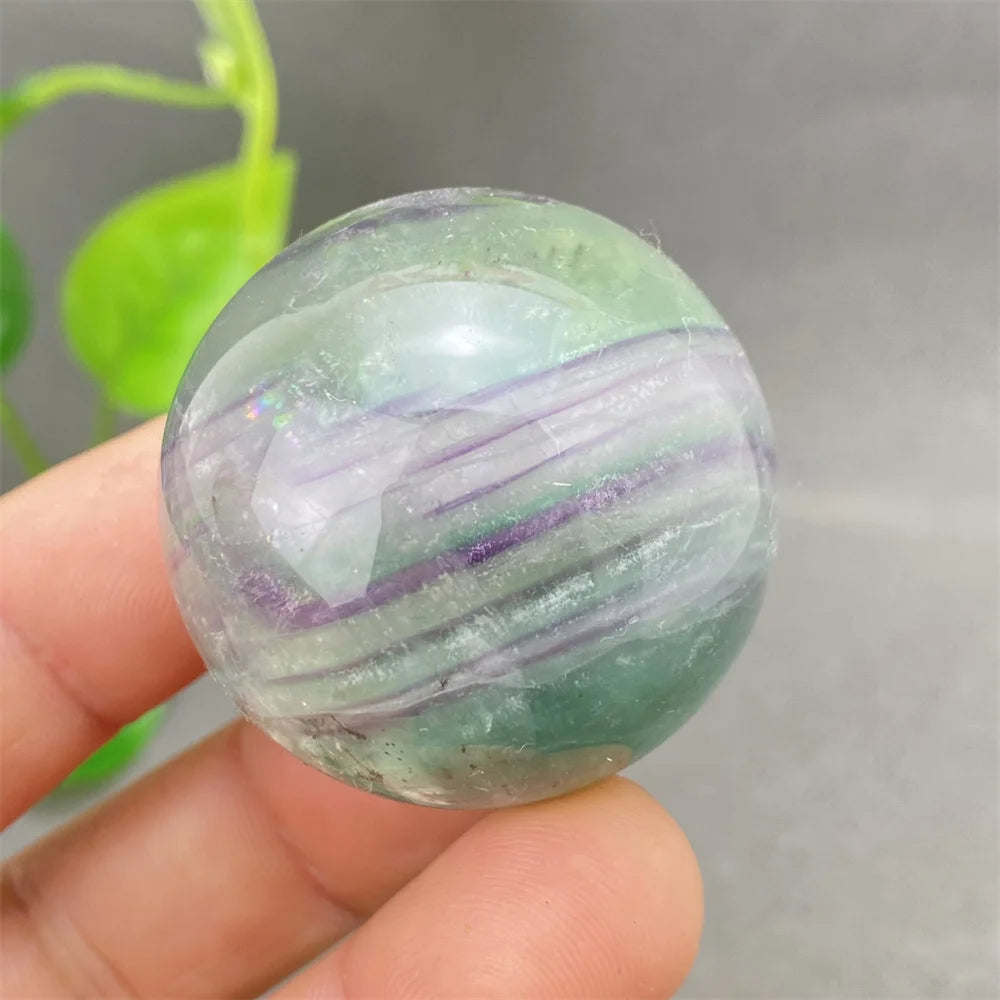Natural Colorful Feather Fluorite Crystal Ball Hand Polished Yoga Meditation Fitness Ball Home Decoration+Base